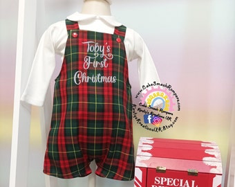 Handmade Tartan Plaid Robin Shortie Romperall Short Legged Tartain Christmas Outfit with option to personalise Age 0-3m - 5 years RED GREEN