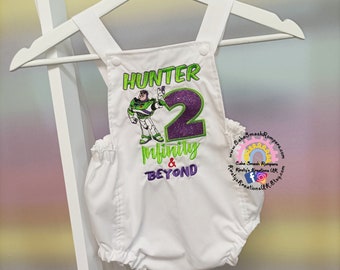 Two Infinity & Beyond Buzz Lightyear Toy Story Birthday Outfit Cake Smash Romper Second Birthday Handmade Embroidered Outfit Photo Prop