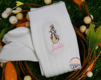 Flopsy Rabbit Personalised Sock Set - Cotton Rich Embroidered Knee High Sock with Child's Name and Image of Peter or Flopsy Rabbit White