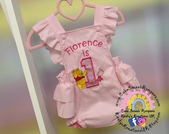 Disney Cuties Winnie the Pooh & Piglet Pink 1st Birthday Outfit - Handmade Cake Smash Romper with Ruffle Frills for parties and photoshoots