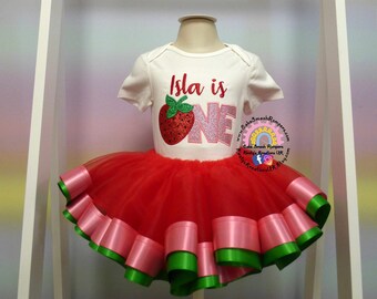 Berry First Birthday Tutu Set Baby Girl Strawberry Sweet One Outfit. 1st B'Day Two Sweet One Themed Red Glitter Handmade Tutu Photo Sitter