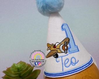 Vintage Airplane White Linen Party Hat with Blue PomPom and Trim Details
