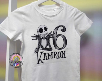 Jack Skellington Personalised T-Shirt Birthday Embroidered White Crew Neck Tee ideal for Birthdays & Everyday Wear Instagram Outfit 3m-10y