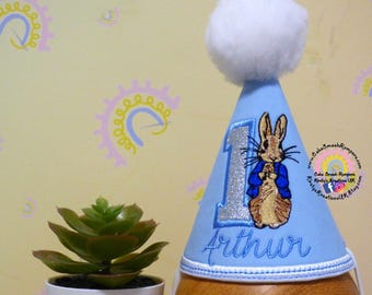 Peter Rabbit 1st Birthday Party Hat - Silver & Blue 1st Birthday Milestone Marker Birthday Hat Photo Prop - Matching Romper and Hat option