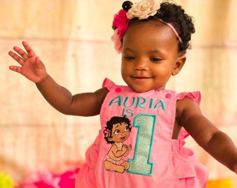 Moana inspired 1st Birthday Romper Outfit for girls - handmade outfit with frills and glitter great first birthday romper for photoshoot UK