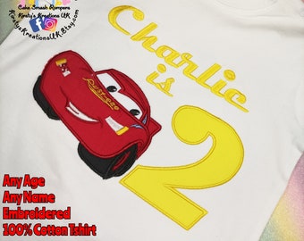 Lightening McQueen inspired Embroidered Birthday Shirt Tee Top T-Shirt Bodysuit Birthday Themed White Cotton Personalised Birthday Top