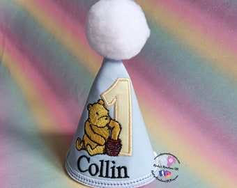 Classic Winnie the Pooh Birthday Hat - Vintage Bear inspired 1st Birthday Party Hat Personalised Made to Order Cake Smash Outfit Accessories