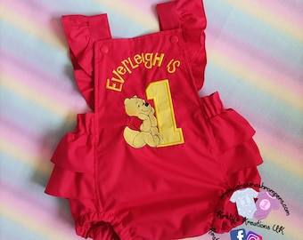 Winnie the Pooh 1st Birthday Outfit - Handmade Romper with Classic Disney inspired design Ideal First Birthday Party Photoshoot Romper