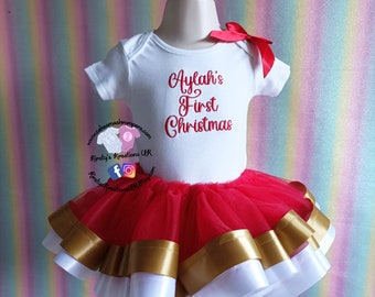 Baby Girls My First Christmas Tutu Set with White Top Red Personalised Embroidered Bodysuit and Gold Ribbon Trim Tutu -Handmade to order