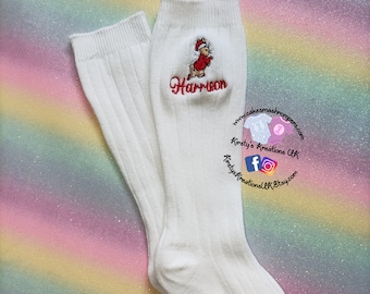 Personalised Christmas Peter Rabbit Baby Socks Cotton Rich Embroidered Knee High Sock with Child's Name and Image of Peter Rabbit White Sock