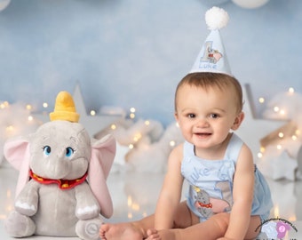 Elephant Dumbo Birthday Cake Smash Outfit Handmade Personalised embroidered 1st birthday romper ideal parties Matching Hat also available