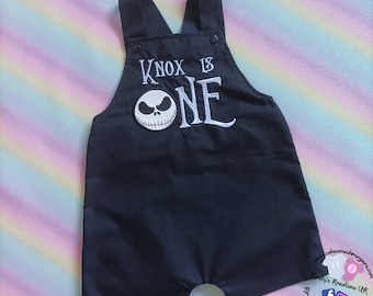 Handmade Jack Skellington Cake Smash Shortalls feat Inspired Halloween Birthday Design Bespoke Personalised boys 1st Birthday Outfit