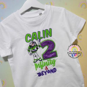 2 Infinity And Beyond Buzz Lightyear Space Ranger Inspired Embroidered Birthday Tee Shirt White Cotton T-shirt Personalised Toy Story Boys