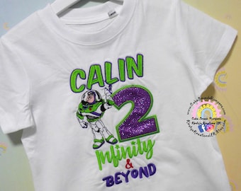 2 Infinity And Beyond Buzz Lightyear Space Ranger Inspired Embroidered Birthday Tee Shirt White Cotton T-shirt Personalised Toy Story Boys