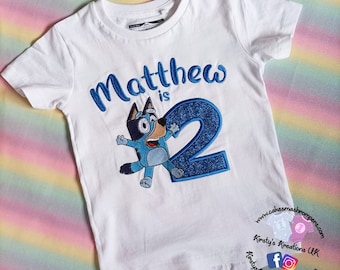 Bluey Dog Birthday T-Shirt Embroidered Shirt with Birthday Number 1st/2nd/3rd/4th Birthday Personalised Birthday Shirt Cake Smash UK prop