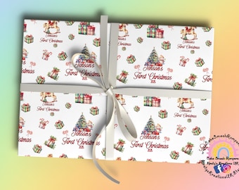 Personalized Baby's First Christmas Traditional Wrapping Paper – Watercolor Style Classic Holiday Images