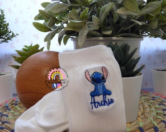 Stitch 626 Personalised Sock Set - Cotton Rich Embroidered Knee High Sock with Child's Name and Image of Dis.ney Stitch White Sock High Boy