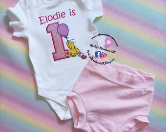 Pooh Bear & Piglet Up and Away Little Girls 1st Birthday Outfit Handmade Cotton Jersey Baby Bummies Birthday Cake Smash Set Personalised