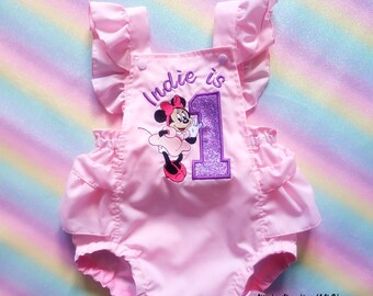 Minnie Mouse Cake Smash Outfit. Handmade personalised bubble romper ideal for 1st birthdays and photoshoots.