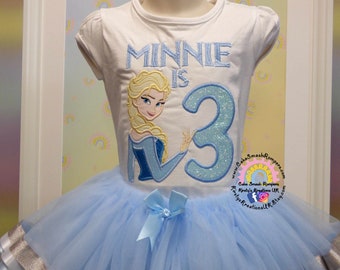 Custom Elsa Frozen Girl Birthday Tutu Birthday Outfit Girls 1st 2nd 3rd 4th 5th 6th Birthday Outfit. Ribbon Tutu Glitter metallic Elsa Blue
