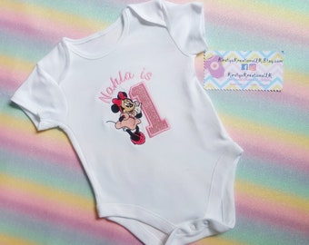 Minnie Mouse First Birthday Cake Smash Onesie Outfit - Personalised baby vest with embroidery, perfect for photoshoots and birthday party