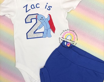 Iggle Piggle Themed Babies First Birthday Outfit Handmade Soft Cotton Jersey Baby Birthday Cake Smash Set Personalised 1st Outfit 9m 12m 18m