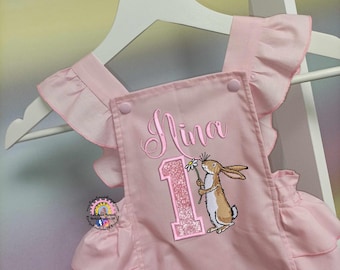 Handmade Frilled Pink Birthday Cake Smash Romper Outfit  - Guess How Much I Love You Themed Glitter Embroidered Design Outfit Girls Birthday