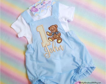 Handmade Cake Smash Romper Outfit. Personalised Boys Birthday Outfit Traditional Vintage Teddy Bear Design
