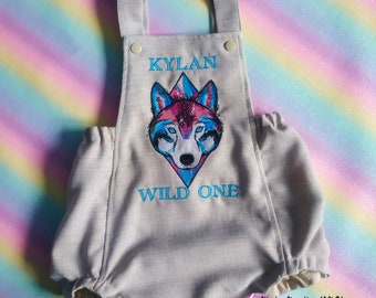 Spirit Wolf Wild One Themed Birthday Cake Smash Romper Luxury Linen Look Handmade Personalised Outfit. Great for parties and photoshoots