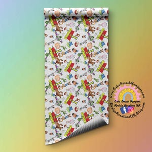 May include: White wrapping paper with a repeating pattern of cartoon characters from the Toy Story franchise. The characters are all wearing cowboy hats and holding signs that say "I'm a Cowboy".