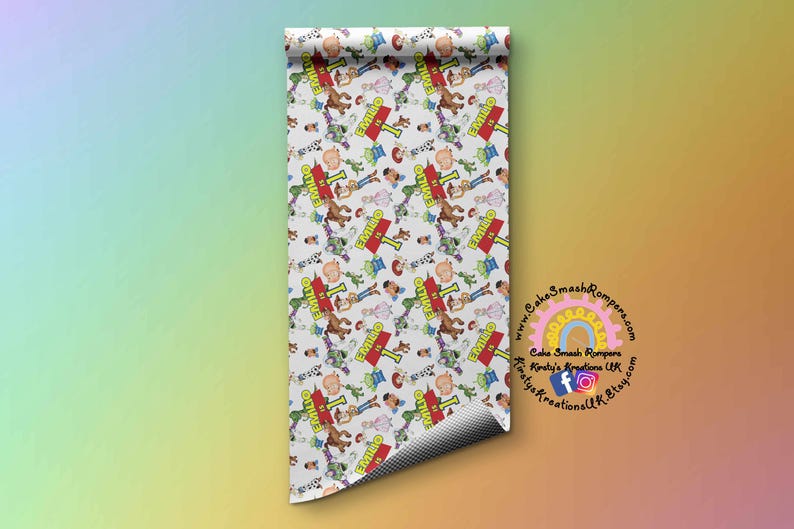 May include: White wrapping paper with a repeating pattern of cartoon characters from the Toy Story franchise. The characters are all wearing cowboy hats and holding signs that say "I'm a Cowboy".