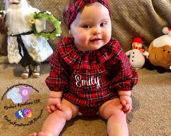 Christmas Tartan Ivy Romper - Handmade Tartan Plaid Romper with Ruffle Collar in Red and Gold Tartan - Stunning Outfit Newborn to 3 Years