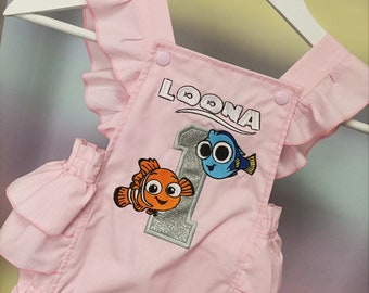 Pink Girly Finding Nemo & Dory Themed Handmade 1st Birthday Cake Smash Romper, Embroidered Birthday Outfit Romper, Great for Parties.