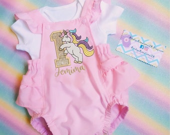 Unicorn First Birthday Romper - Embroidered Cake Smash Romper Personalised With Child's Name & Glitter Number - Princess Birthday Party