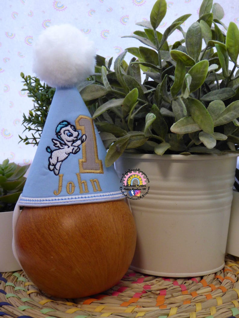 May include: A light blue birthday party hat with a white pom-pom, embroidered with a winged creature and the number 1. The name "John" is embroidered below the number. The hat is displayed on a wooden form.