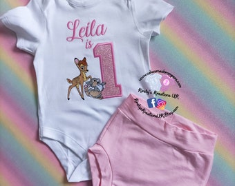 Bambi & Thumper Little Girls First Birthday Outfit Handmade Soft Cotton Jersey Baby Romper Birthday Cake Smash Set Personalised Bambi Outfit