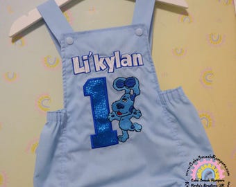 Blues Clues 1st Birthday Baby Boy Cake Smash Outfit Sunsuit Dungaree Bubble Romper Handmade Bespoke Photo Prop