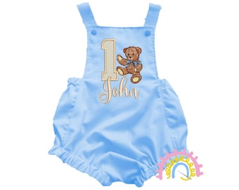 Handmade Cake Smash Romper Outfit. Personalised Boys Birthday Outfit Traditional Vintage Teddy Bear Design
