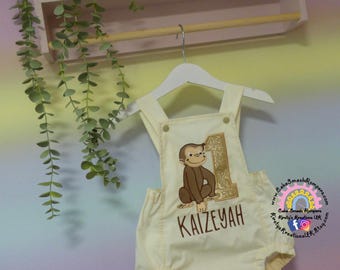 Monkey George 1st Birthday Romper: Embroidered Cake Smash Outfit