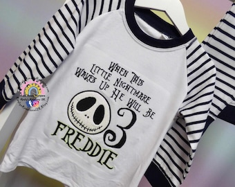 Little Nightmare When I Wake Up Skellington Jack Pumpkin King Stripe Birthday PJs. Personalised Embroidered PJ Set Glow in The Dark Jack