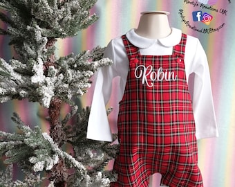 Handmade Tartan Plaid Robin Shortie Romperall Short Legged Tartain Christmas Outfit with option to personalise Age 0-3m - 5 years RED GREEN