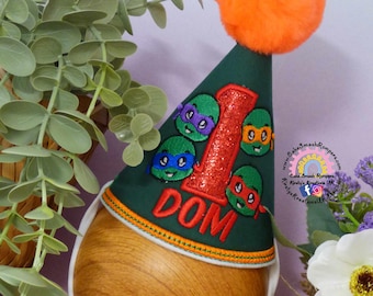 Personalised Ninja Turtle Theme Birthday Party Hat: Custom Name, Age Prop