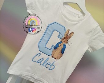Peter Rabbit Personalised T-Shirt Initial Embroidered White Crew Neck Tee ideal for Birthdays & Everyday Wear Instagram Outfit 3m-10y