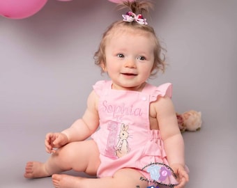 Flopsy Rabbit Birthday Outfit - handmade frilled first birthday romper, ideal for parties and photoshoots. 1st Birthday 2nd Birthday Outfit