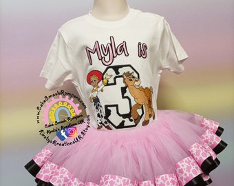 Toy Story Girls Birthday Tutu Jessie & Bullseye Birthday Outfit. Baby Pink Tutu 1st Birthday. Girls 2nd Birthday Outfit. Ribbon Tutu Glitter