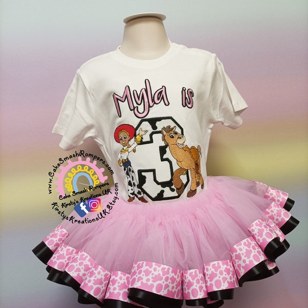 Toy Story Girls Birthday Tutu Jessie & Bullseye Birthday Outfit. Baby Pink Tutu 1st Birthday. Girls 2nd Birthday Outfit. Ribbon Tutu Glitter
