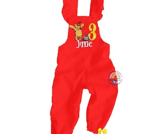Custom Overalls - Pooh Bear Birthday Long Leg Elasticated Hem Handmade Overalls - embroidered monogrammed custom design birthday outfit.
