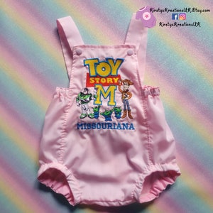 Handmade Pink Personalised Toy Story Embroidered Romper Outfit- featuring Woody & Buzz along with the aliens from Disney&#39;s Toy Story films