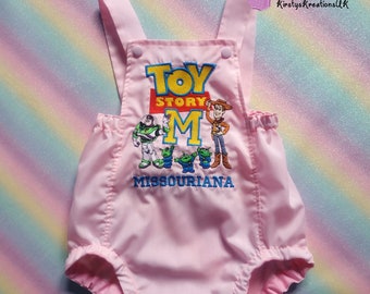 Handmade Pink Personalised Toy Story Embroidered Romper Outfit- featuring Woody & Buzz along with the aliens from Disney's Toy Story films