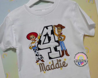 Jessie & Woody's Round Up Inspired Embroidered Birthday TShirt Cowboy Theme Crew Neck Cotton Personalised Toy Style Story Party Shirt